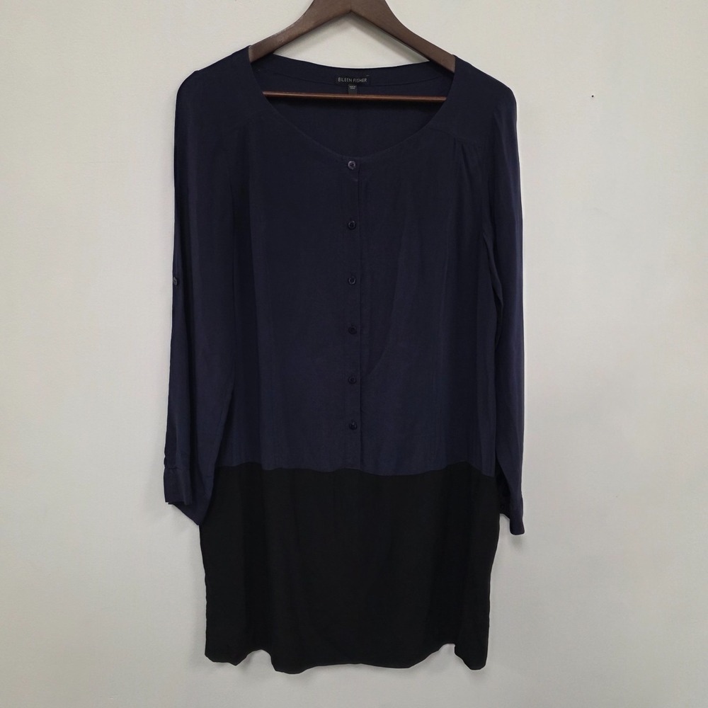 Eileen Fisher 100% Silk Colorblock Dress Size S Roll Tab Long Sleeve Blue Black